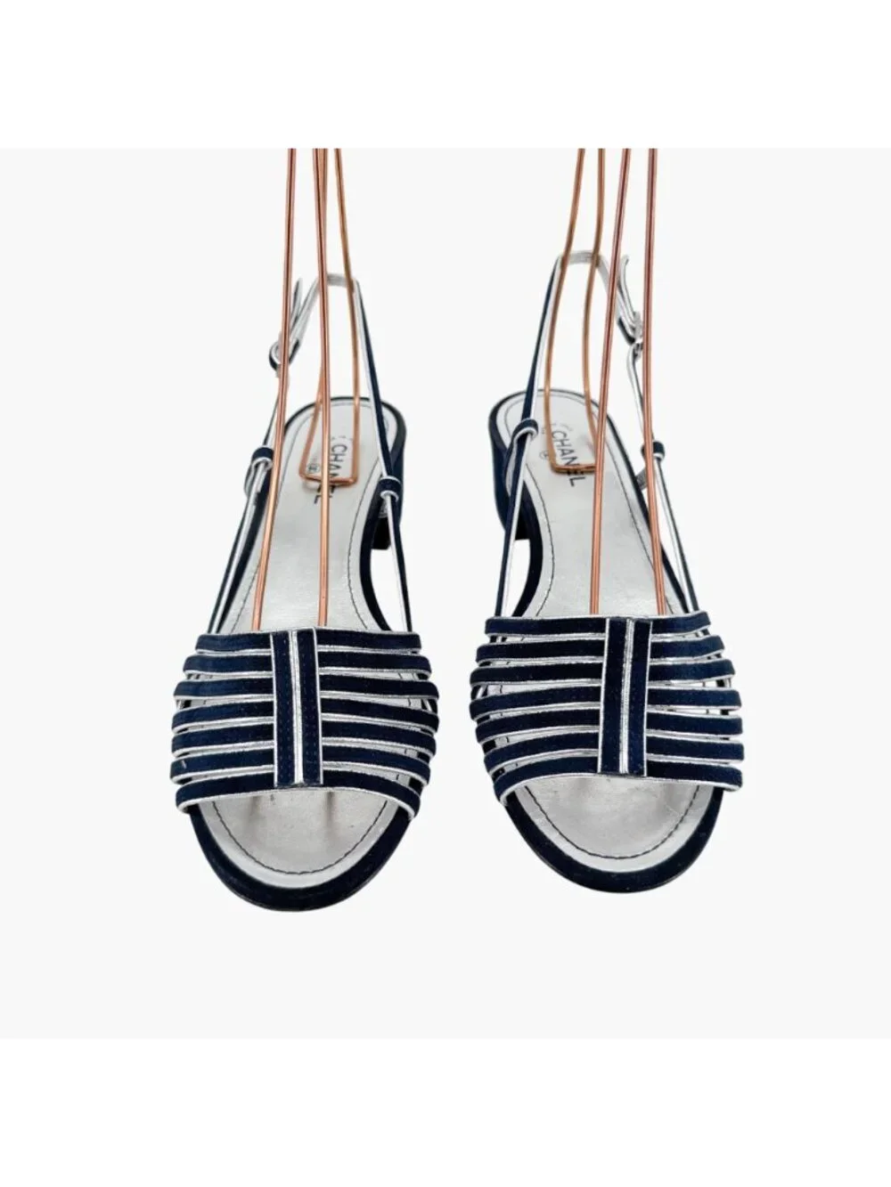 Chanel CC Strappy Slingback Sandals Block Heel Navy Blue Silver Size 37 US 6-6.5